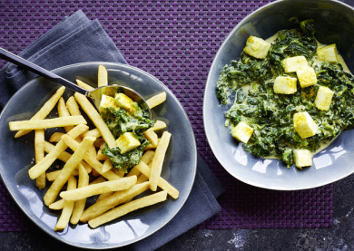 CURRY ÉPINARDS ET MOZZARELLA ACCOMPAGNÉ D’INSTANT FRITES